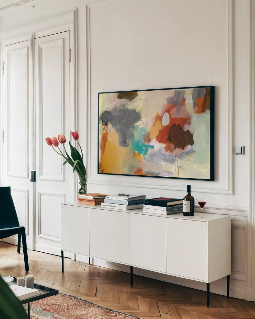 Hardy I by Mary Urban. shown as a framed stretched canvas in a living room above a console. Available as a archival giclee rolled canvas, fine art paper, or poster print. SKU 59501i.
