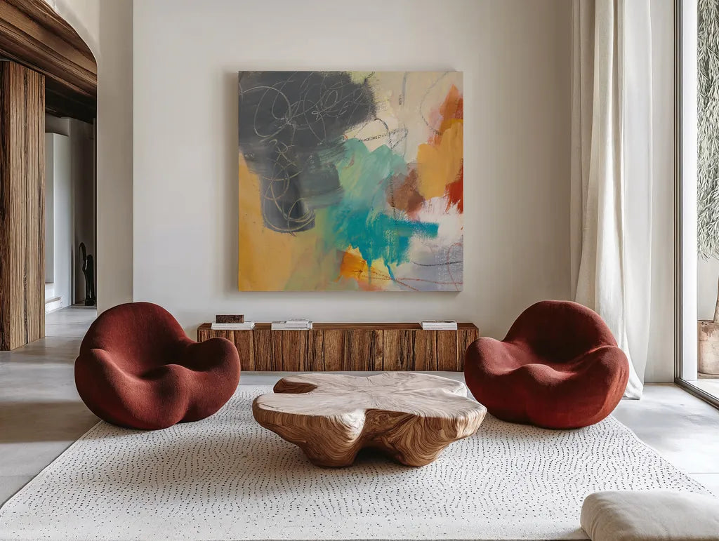 Hardy II by Mary Urban. Shown as extra-large giant wall art in a modern living room. Available as an archival giclee rolled canvas, fine art paper, or poster print. SKU 75026a.