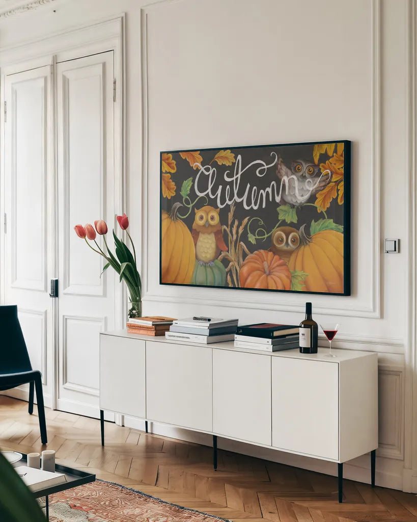 Harvest Owl II by Mary Urban. shown as a framed stretched canvas in a living room above a console. Available as a archival giclee rolled canvas, fine art paper, or poster print. SKU 30902i.