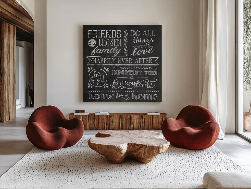 Inspiration Chalkboard IV by Mary Urban. Shown as extra-large giant wall art in a modern living room. Available as an archival giclee rolled canvas, fine art paper, or poster print. SKU 25579a.