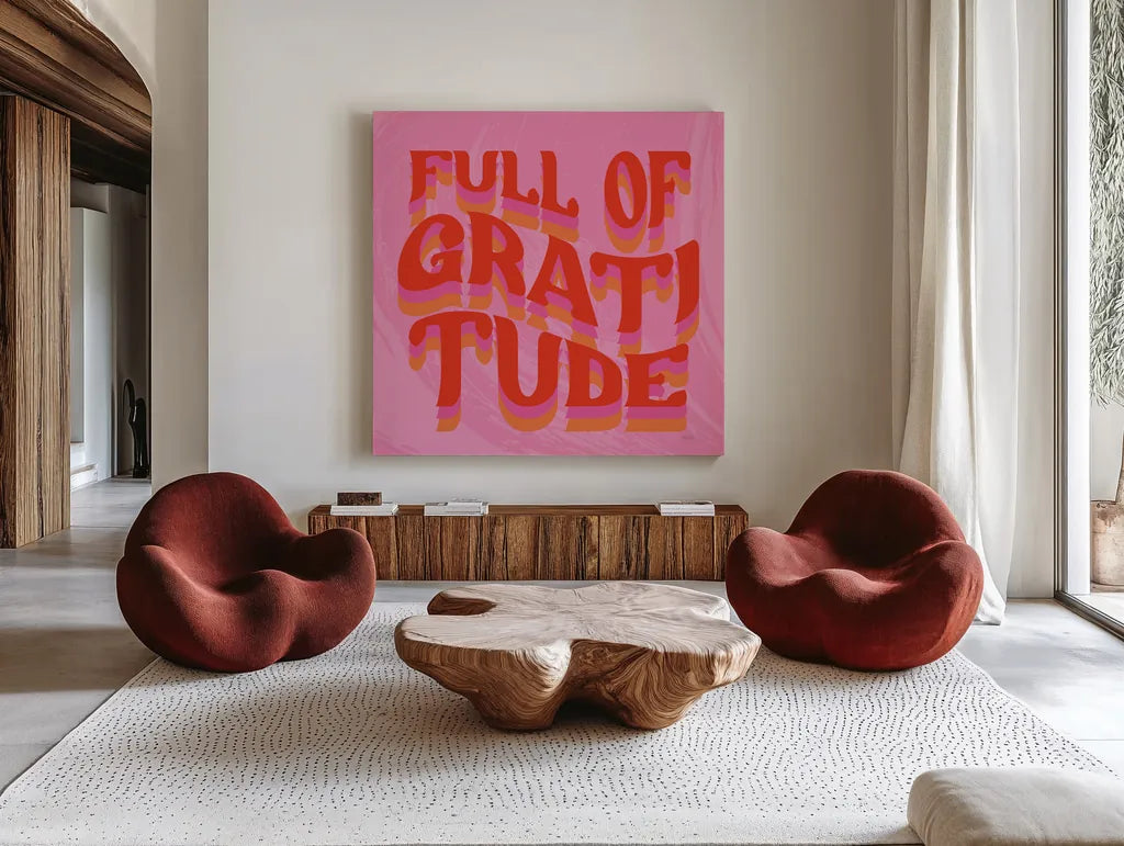 Kind Words II by Mary Urban. Shown as extra-large giant wall art in a modern living room. Available as an archival giclee rolled canvas, fine art paper, or poster print. SKU 97051a.