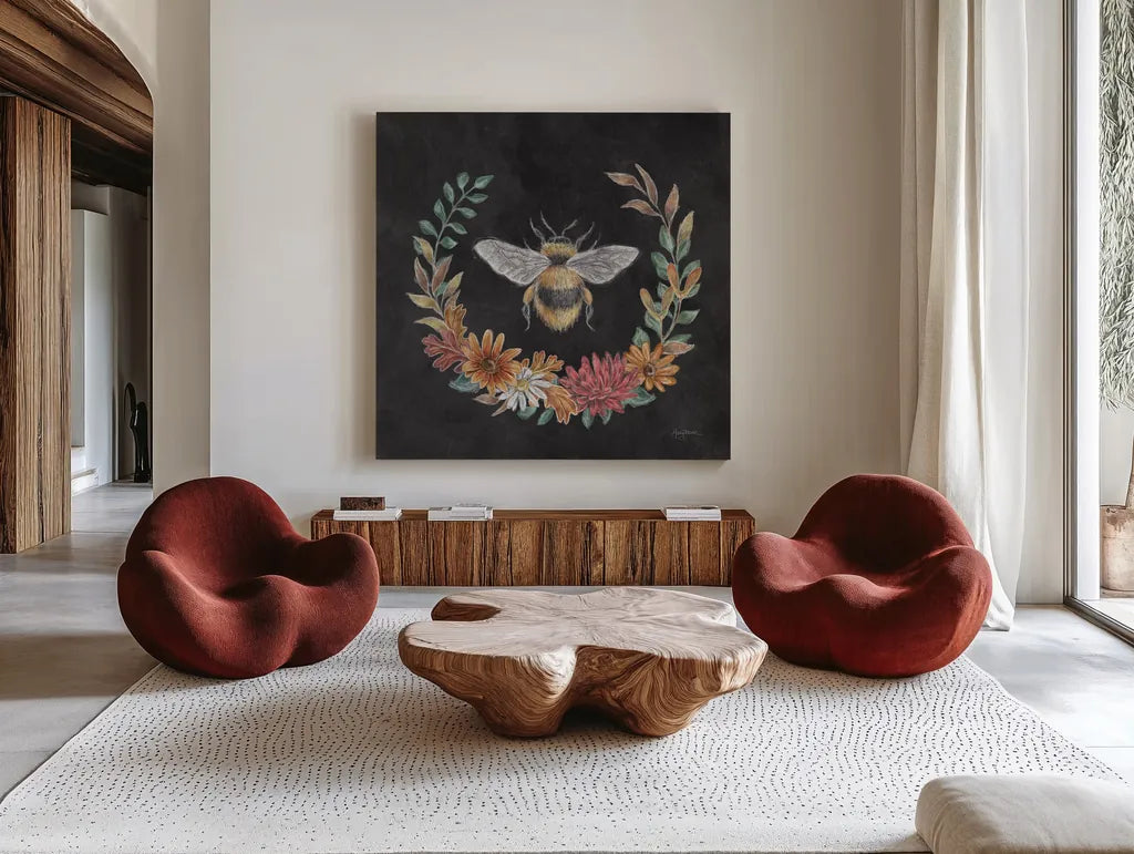 Late Summer Harvest VIII by Mary Urban. Shown as extra-large giant wall art in a modern living room. Available as an archival giclee rolled canvas, fine art paper, or poster print. SKU 81210a.