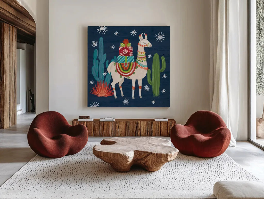 Lovely Llamas II Christmas by Mary Urban. Shown as extra-large giant wall art in a modern living room. Available as an archival giclee rolled canvas, fine art paper, or poster print. SKU 42829a.