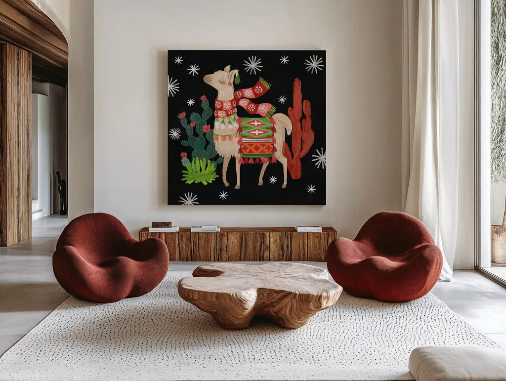 Lovely Llamas IV Christmas Black by Mary Urban. Shown as extra-large giant wall art in a modern living room. Available as an archival giclee rolled canvas, fine art paper, or poster print. SKU 43978a.