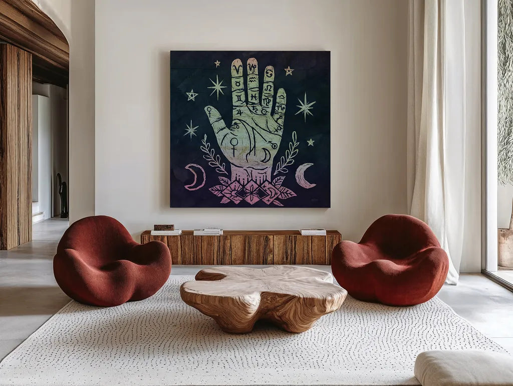 Mystical Halloween Jewel I by Mary Urban. Shown as extra-large giant wall art in a modern living room. Available as an archival giclee rolled canvas, fine art paper, or poster print. SKU 42006a.