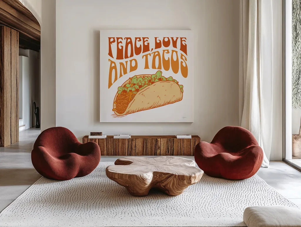 Peace Love and Tacos by Mary Urban. Shown as extra-large giant wall art in a modern living room. Available as an archival giclee rolled canvas, fine art paper, or poster print. SKU 73581a.