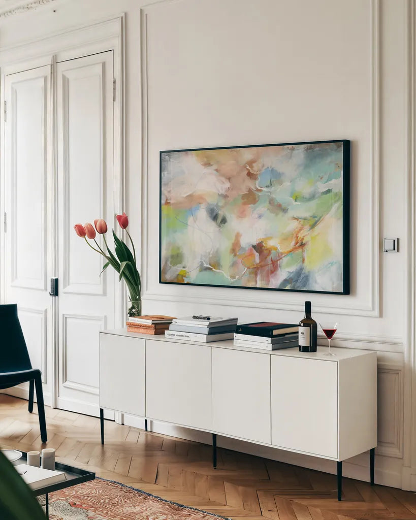 Possibilities by Mary Urban. shown as a framed stretched canvas in a living room above a console. Available as a archival giclee rolled canvas, fine art paper, or poster print. SKU 56264i.