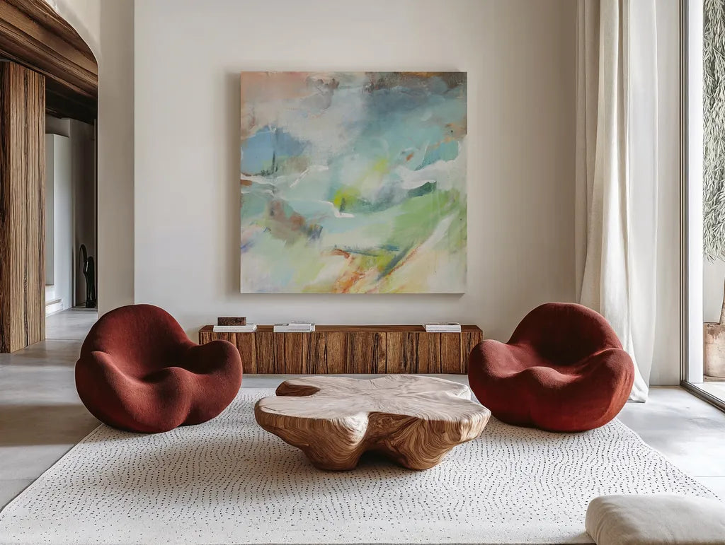 Possibilities II Crop by Mary Urban. Shown as extra-large giant wall art in a modern living room. Available as an archival giclee rolled canvas, fine art paper, or poster print. SKU 57489a.