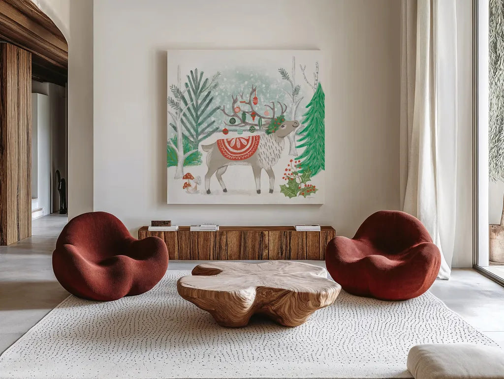 Reindeer Jubilee IV by Mary Urban. Shown as extra-large giant wall art in a modern living room. Available as an archival giclee rolled canvas, fine art paper, or poster print. SKU 57105a.