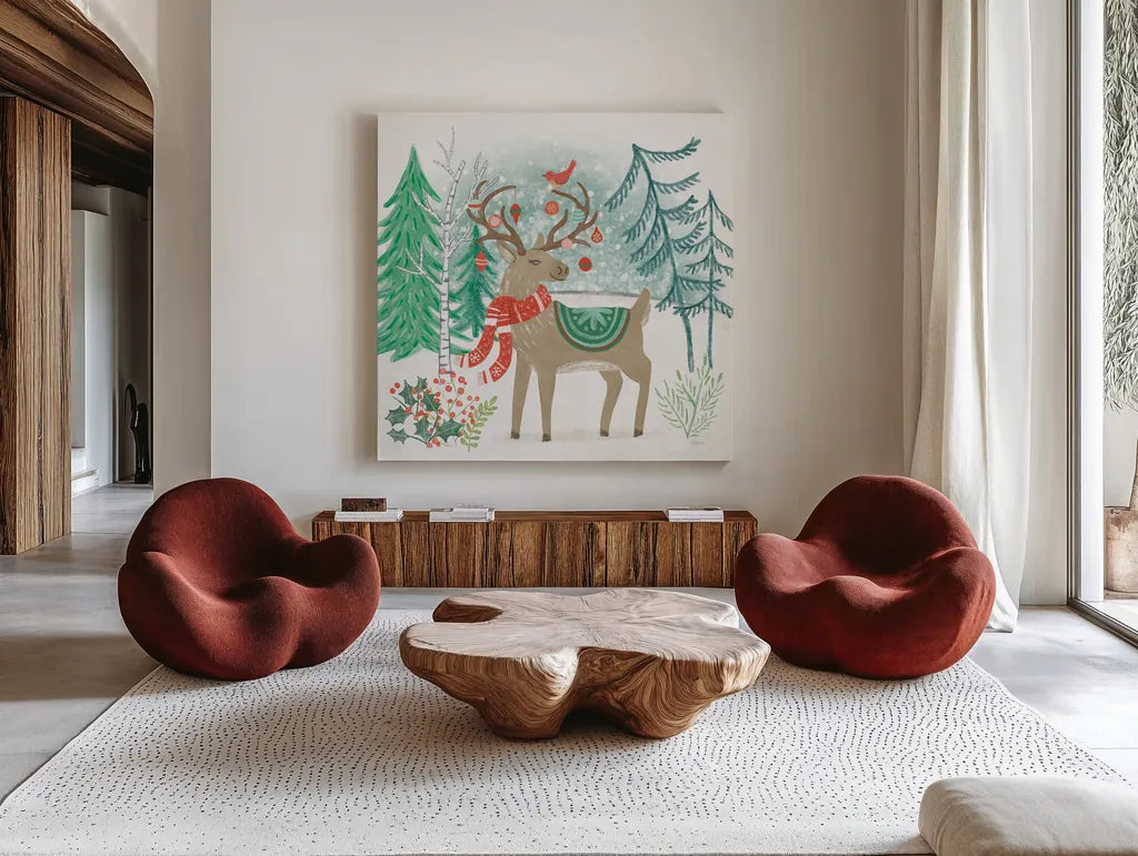 Reindeer Jubilee V by Mary Urban. Shown as extra-large giant wall art in a modern living room. Available as an archival giclee rolled canvas, fine art paper, or poster print. SKU 57106a.