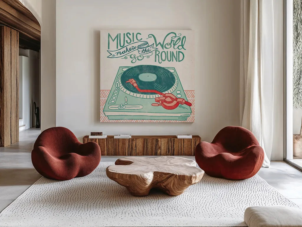 Retro Record Player by Mary Urban. Shown as extra-large giant wall art in a modern living room. Available as an archival giclee rolled canvas, fine art paper, or poster print. SKU 20909a.