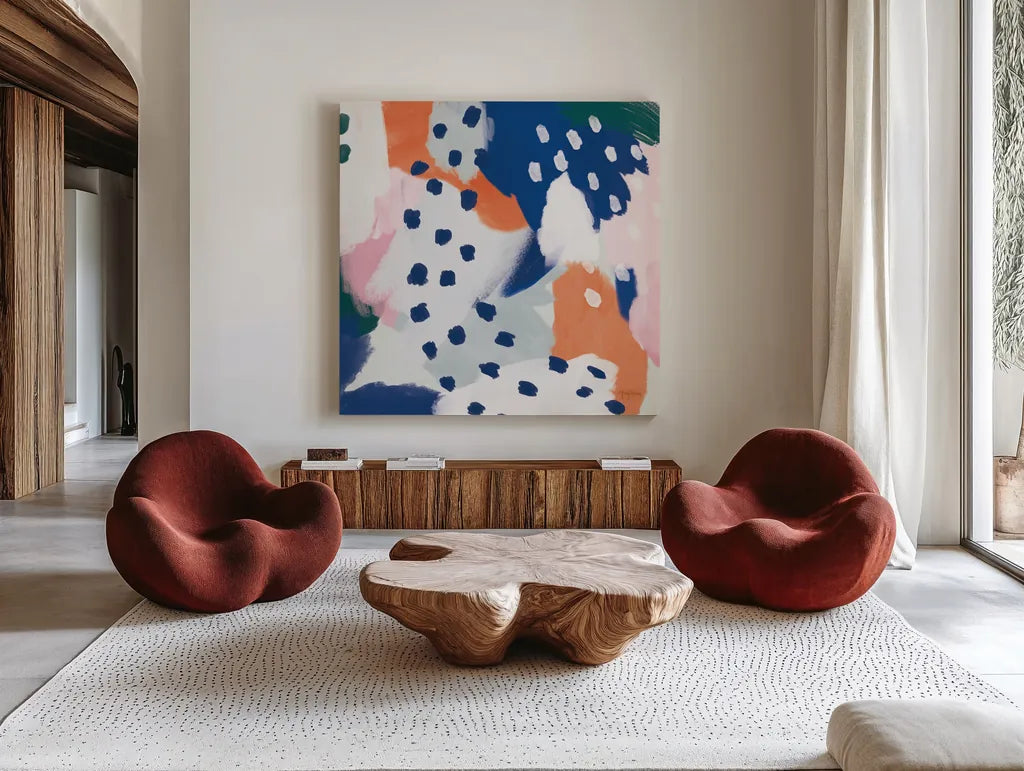 Royal Blue Life II Crop by Mary Urban. Shown as extra-large giant wall art in a modern living room. Available as an archival giclee rolled canvas, fine art paper, or poster print. SKU 53257a.