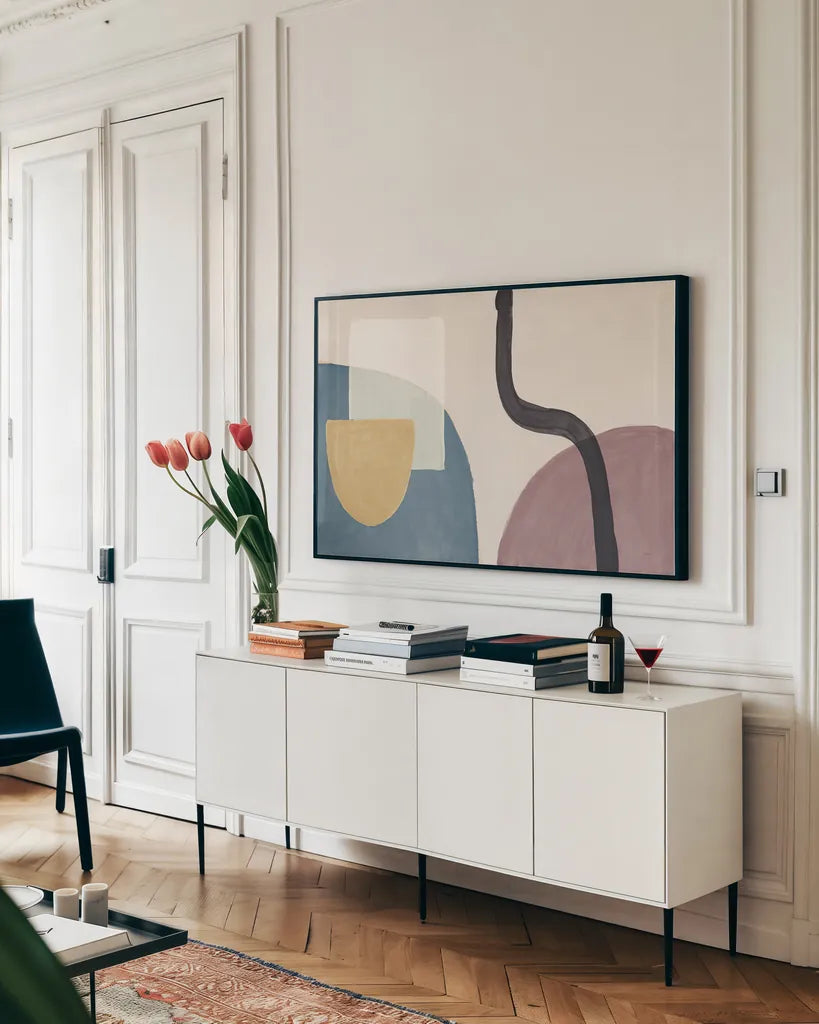 Sandy Balance I Dark by Mary Urban. shown as a framed stretched canvas in a living room above a console. Available as a archival giclee rolled canvas, fine art paper, or poster print. SKU 66730i.