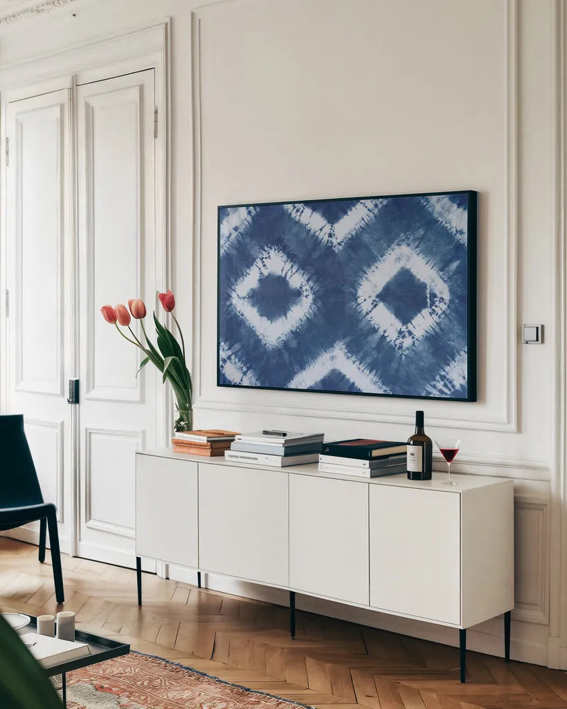 Shiboriscapes IX by Mary Urban. shown as a framed stretched canvas in a living room above a console. Available as a archival giclee rolled canvas, fine art paper, or poster print. SKU 73761i.
