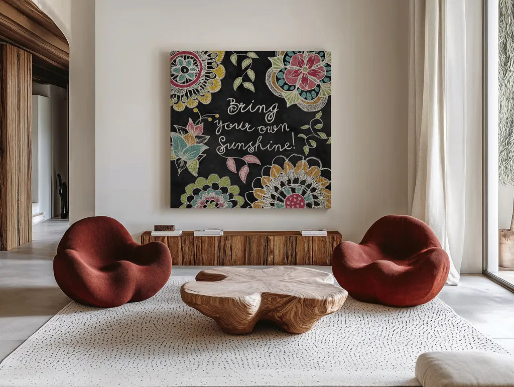Stay Happy I by Mary Urban. Shown as extra-large giant wall art in a modern living room. Available as an archival giclee rolled canvas, fine art paper, or poster print. SKU 15760a.