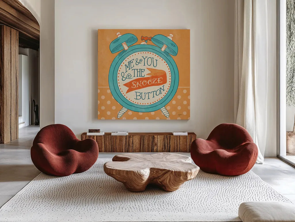 The Snooze Button Orange by Mary Urban. Shown as extra-large giant wall art in a modern living room. Available as an archival giclee rolled canvas, fine art paper, or poster print. SKU 20979a.