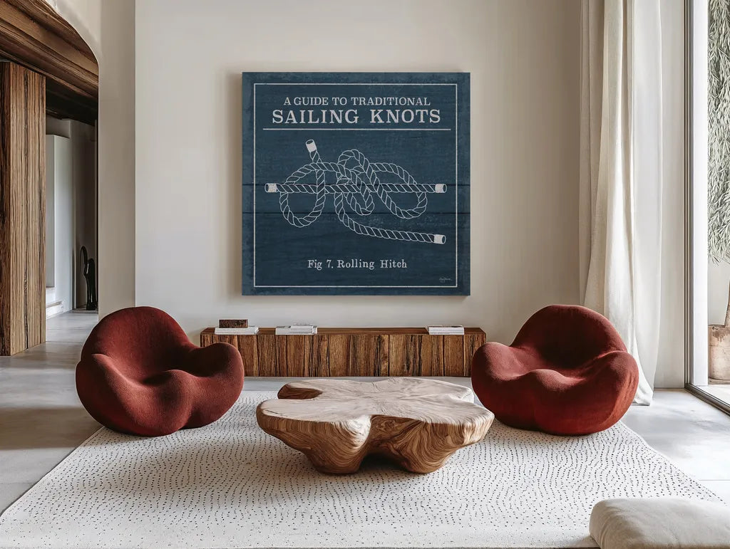 Vintage Sailing Knots VIII by Mary Urban. Shown as extra-large giant wall art in a modern living room. Available as an archival giclee rolled canvas, fine art paper, or poster print. SKU 33545a.
