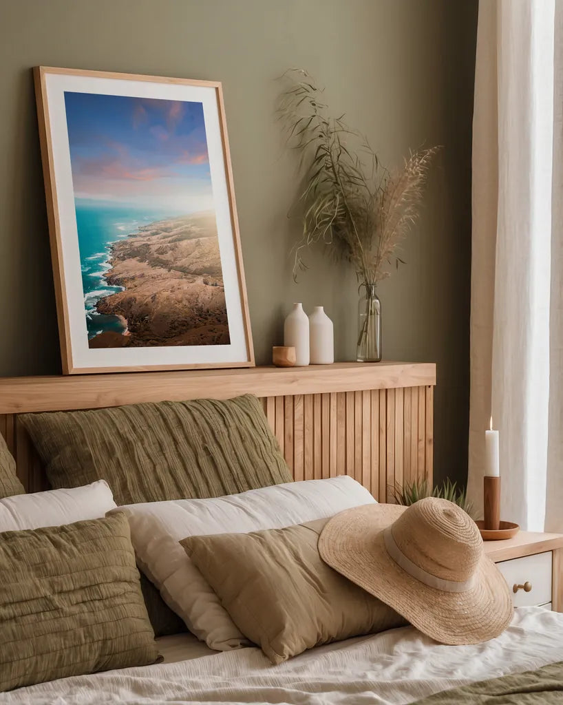 Hawaiian Shoreline by Max Blakesberg Studios. shown as a paper print in a natural frame. Available as a archival giclee rolled canvas, fine art paper, or poster print. SKU 90832h.