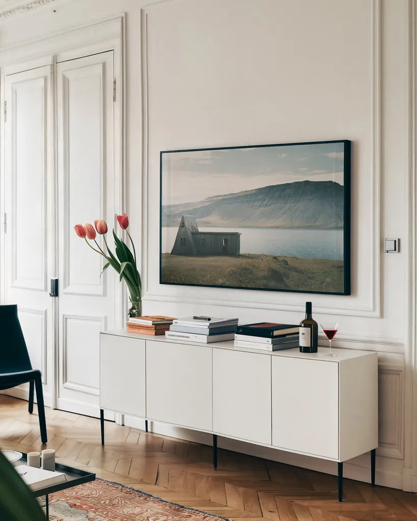 Iceland Shore I by Max Blakesberg Studios. shown as a framed stretched canvas in a living room above a console. Available as a archival giclee rolled canvas, fine art paper, or poster print. SKU 91390i.