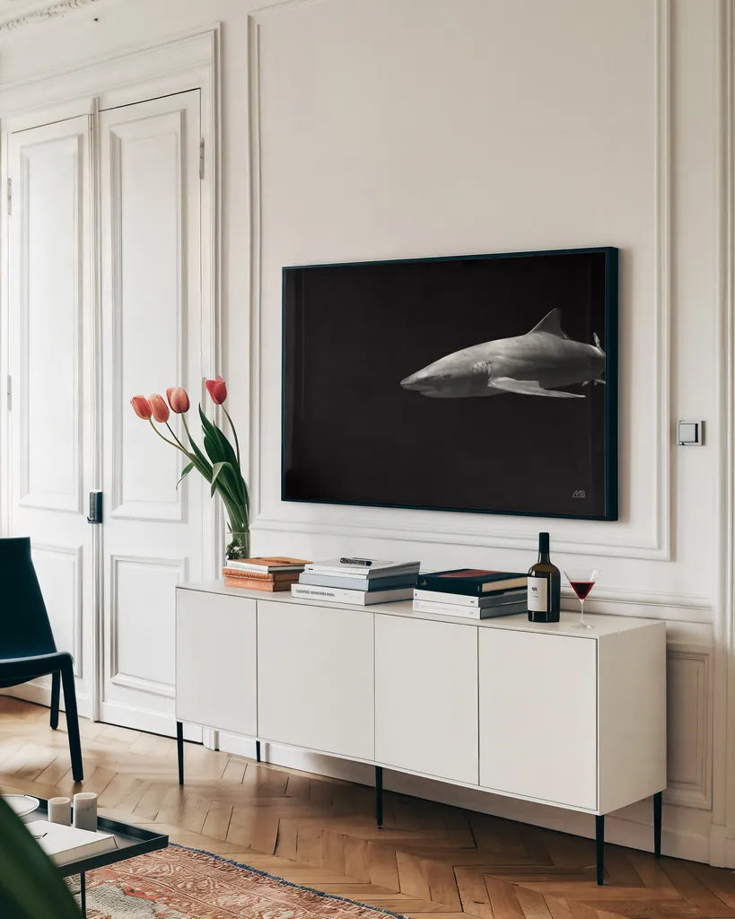 On the Hunt by Max Blakesberg Studios. shown as a framed stretched canvas in a living room above a console. Available as a archival giclee rolled canvas, fine art paper, or poster print. SKU 90848i.