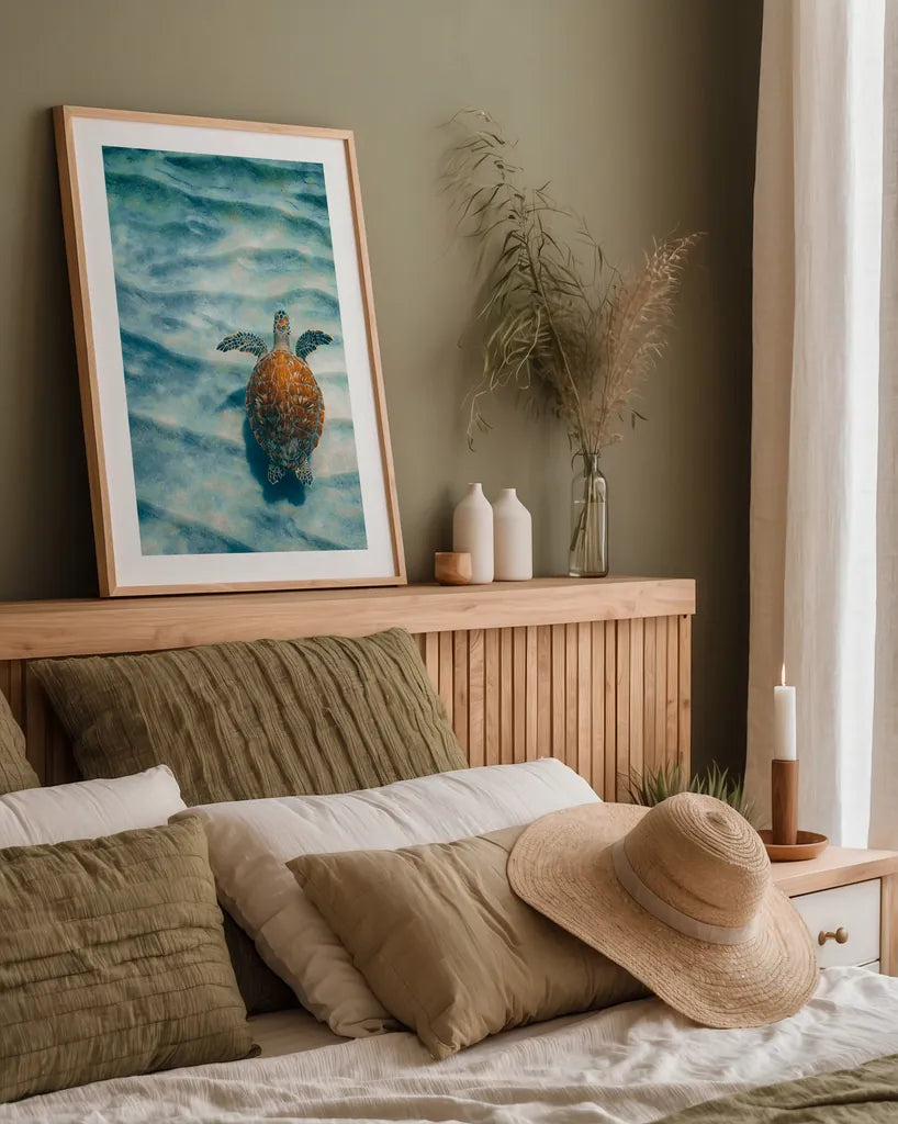 Sandbar Sea Turtle I by Max Blakesberg Studios. shown as a paper print in a natural frame. Available as a archival giclee rolled canvas, fine art paper, or poster print. SKU 91388h.