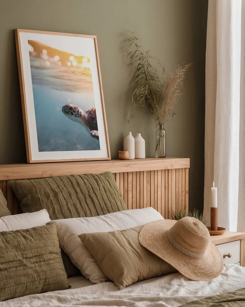 Sunny Swim by Max Blakesberg Studios. shown as a paper print in a natural frame. Available as a archival giclee rolled canvas, fine art paper, or poster print. SKU 92684h.