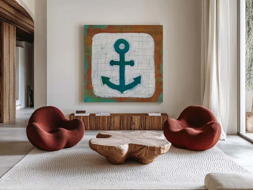 Ahoy III Red Blue by Melissa Averinos. Shown as extra-large giant wall art in a modern living room. Available as an archival giclee rolled canvas, fine art paper, or poster print. SKU 27696a.