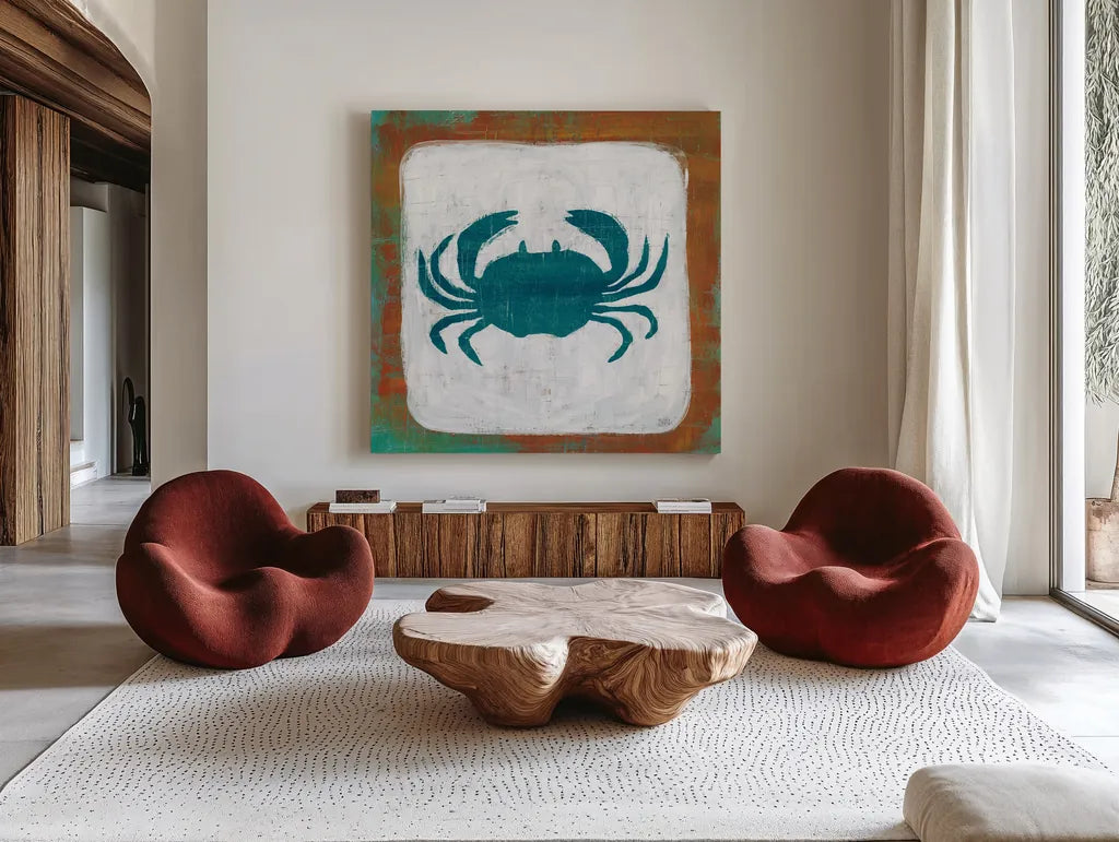 Ahoy V Red Blue by Melissa Averinos. Shown as extra-large giant wall art in a modern living room. Available as an archival giclee rolled canvas, fine art paper, or poster print. SKU 27698a.