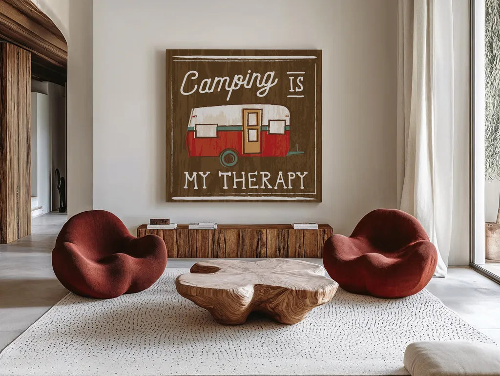 Comfy Camping IV by Melissa Averinos. Shown as extra-large giant wall art in a modern living room. Available as an archival giclee rolled canvas, fine art paper, or poster print. SKU 59740a.