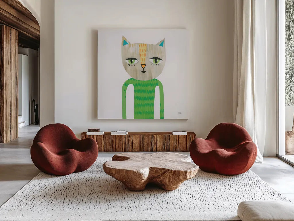 Cool Cats III by Melissa Averinos. Shown as extra-large giant wall art in a modern living room. Available as an archival giclee rolled canvas, fine art paper, or poster print. SKU 32895a.
