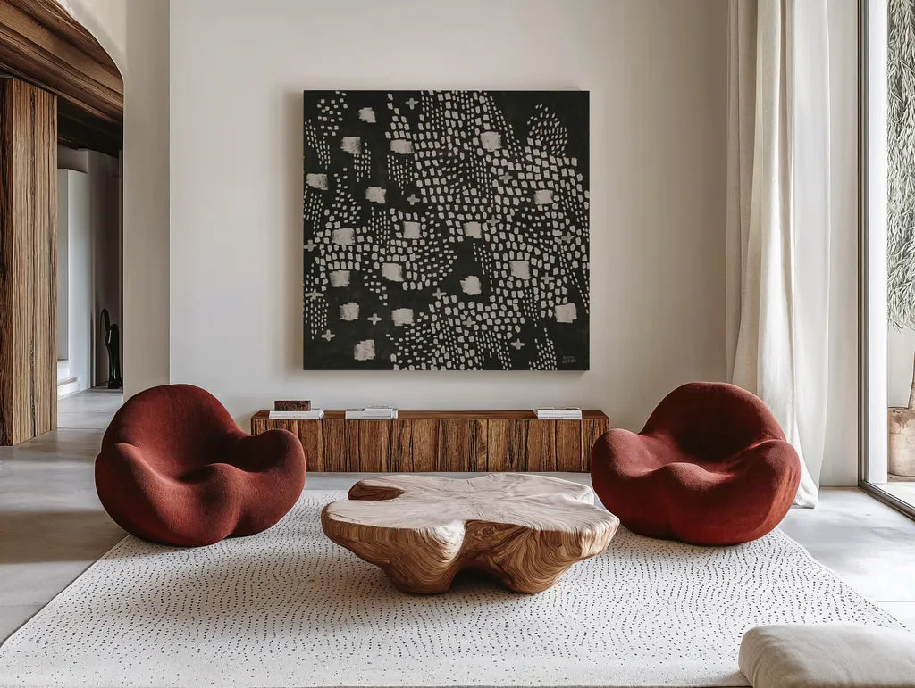 Dots and Blocks by Melissa Averinos. Shown as extra-large giant wall art in a modern living room. Available as an archival giclee rolled canvas, fine art paper, or poster print. SKU 69864a.