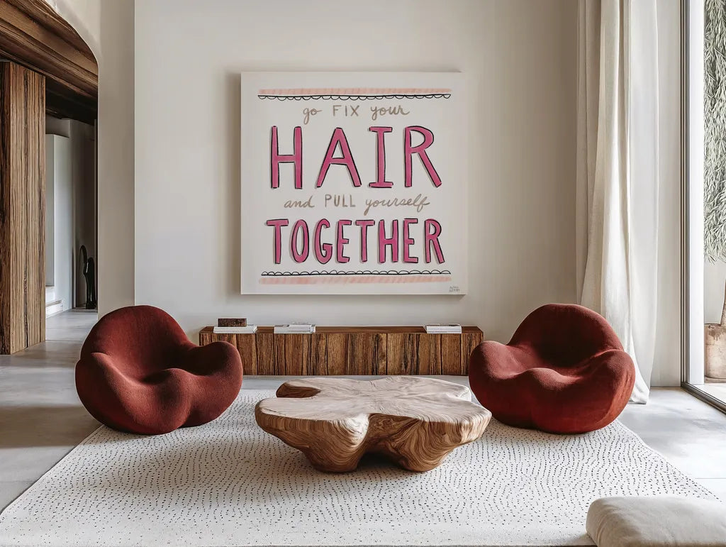 Fix Your Hair by Melissa Averinos. Shown as extra-large giant wall art in a modern living room. Available as an archival giclee rolled canvas, fine art paper, or poster print. SKU 59173a.