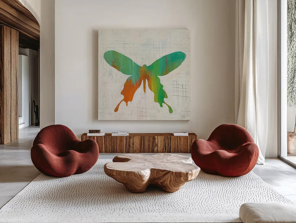 Flight Patterns Butterfly I by Melissa Averinos. Shown as extra-large giant wall art in a modern living room. Available as an archival giclee rolled canvas, fine art paper, or poster print. SKU 25936a.