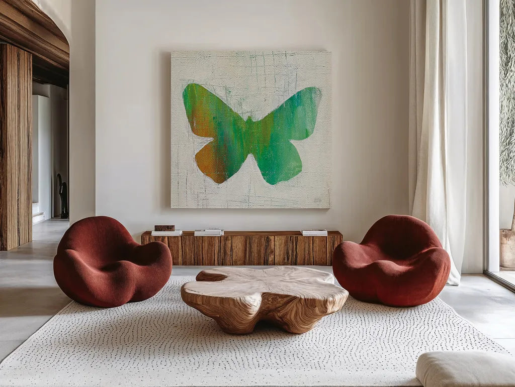 Flight Patterns Butterfly II by Melissa Averinos. Shown as extra-large giant wall art in a modern living room. Available as an archival giclee rolled canvas, fine art paper, or poster print. SKU 25937a.