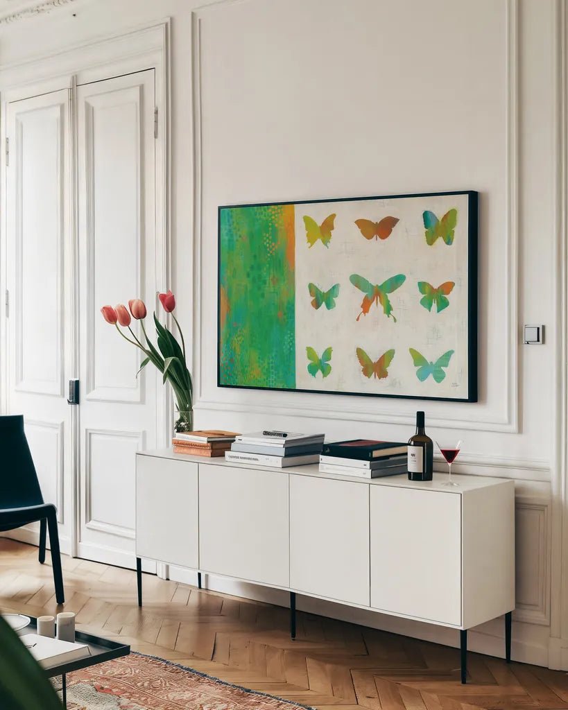 Flight Patterns II by Melissa Averinos. shown as a framed stretched canvas in a living room above a console. Available as a archival giclee rolled canvas, fine art paper, or poster print. SKU 25661i.