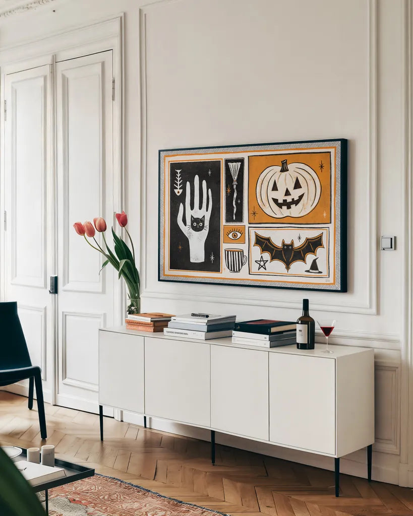 Frightfully Wicked I by Melissa Averinos. shown as a framed stretched canvas in a living room above a console. Available as a archival giclee rolled canvas, fine art paper, or poster print. SKU 62789i.