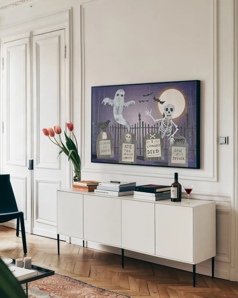 Gravetown V by Melissa Averinos. shown as a framed stretched canvas in a living room above a console. Available as a archival giclee rolled canvas, fine art paper, or poster print. SKU 37420i.