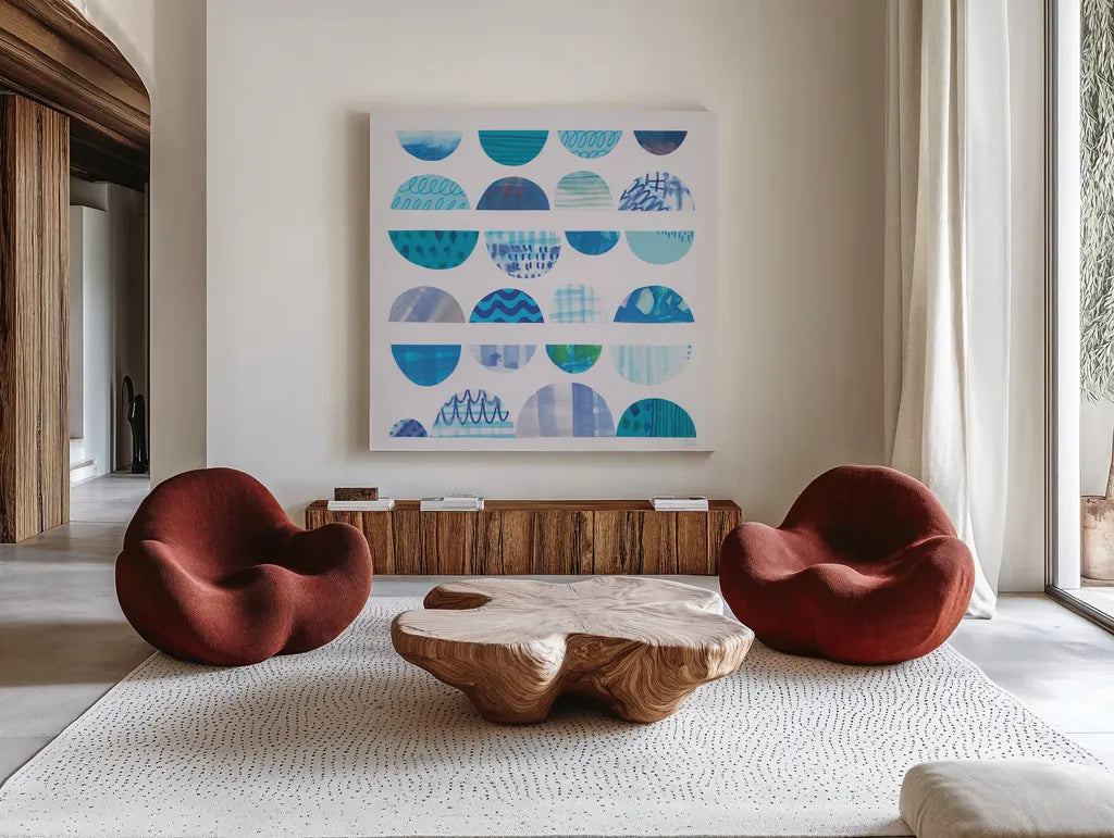 Half Moon Abstract II by Melissa Averinos. Shown as extra-large giant wall art in a modern living room. Available as an archival giclee rolled canvas, fine art paper, or poster print. SKU 32876a.