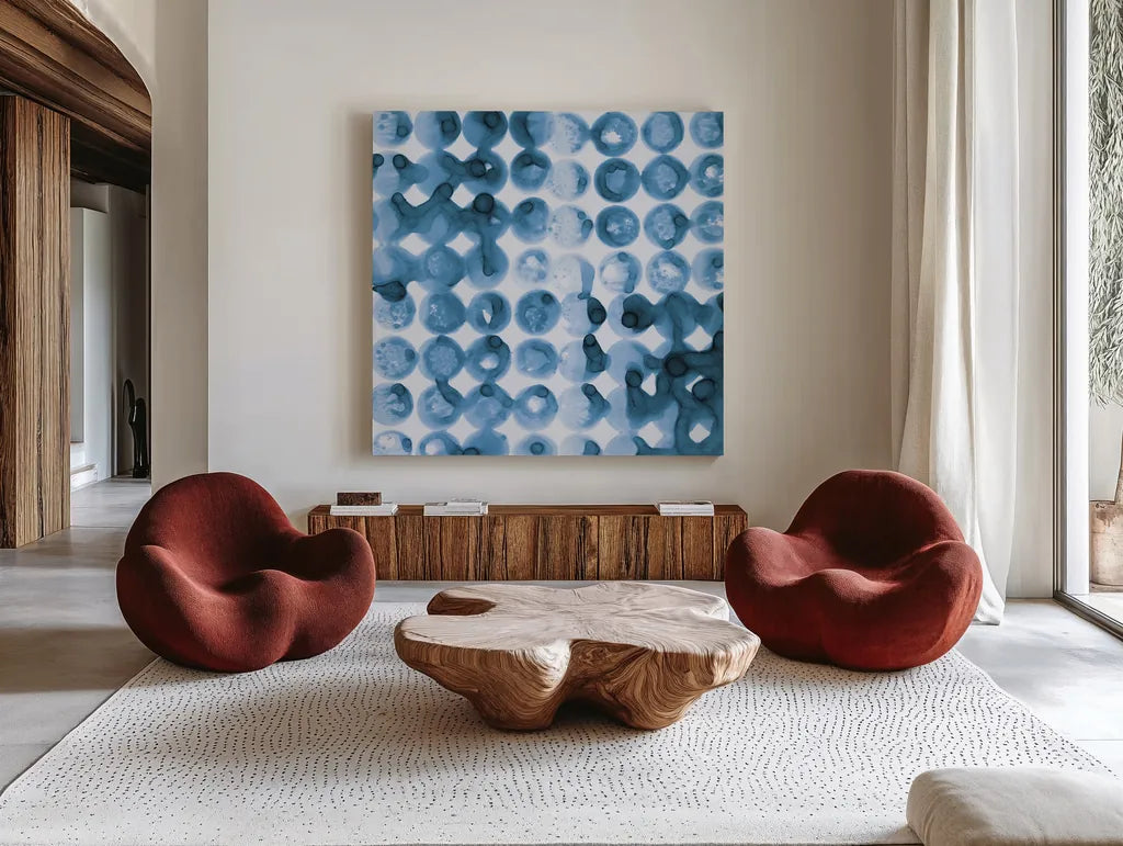 Kanari Square II Indigo by Melissa Averinos. Shown as extra-large giant wall art in a modern living room. Available as an archival giclee rolled canvas, fine art paper, or poster print. SKU 43112a.