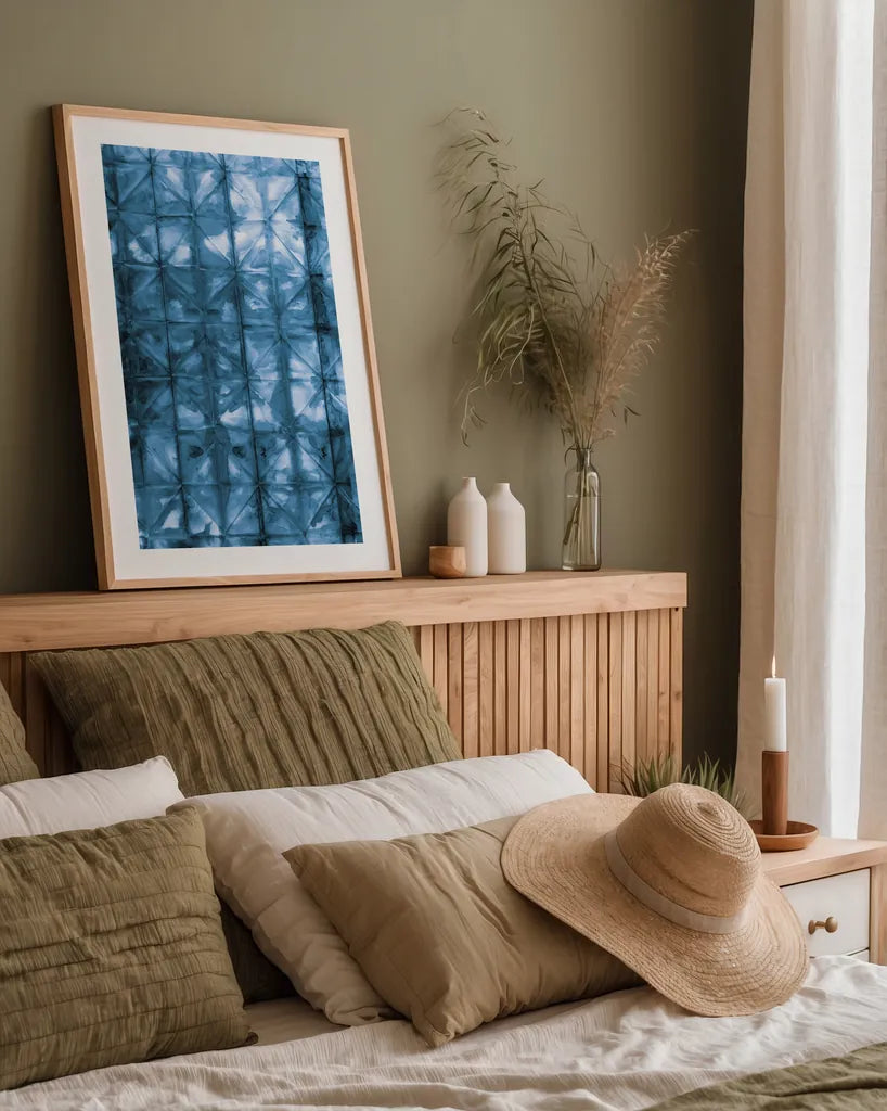 Kanari V Indigo by Melissa Averinos. shown as a paper print in a natural frame. Available as a archival giclee rolled canvas, fine art paper, or poster print. SKU 43117h.