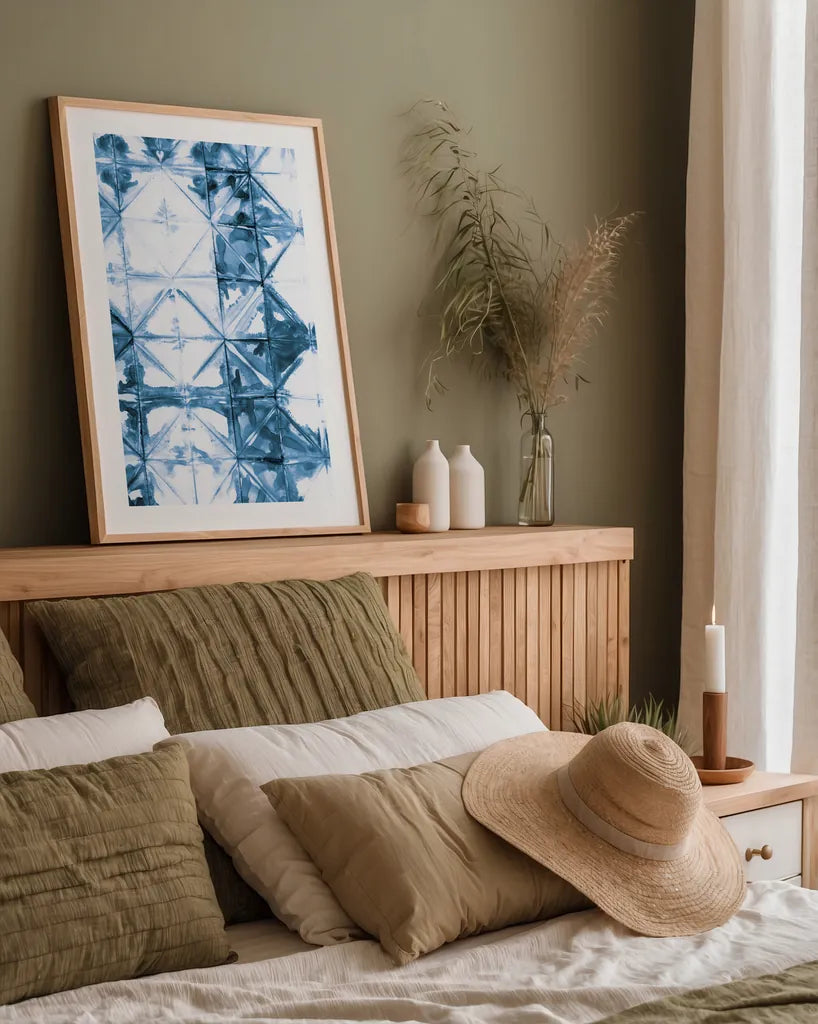 Kanari VI Indigo by Melissa Averinos. shown as a paper print in a natural frame. Available as a archival giclee rolled canvas, fine art paper, or poster print. SKU 43118h.