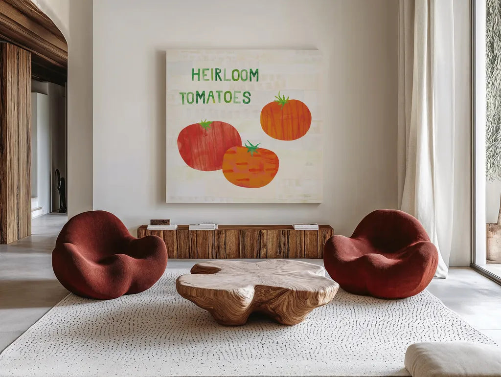 Kitchen Garden II v2 by Melissa Averinos. Shown as extra-large giant wall art in a modern living room. Available as an archival giclee rolled canvas, fine art paper, or poster print. SKU 56979a.