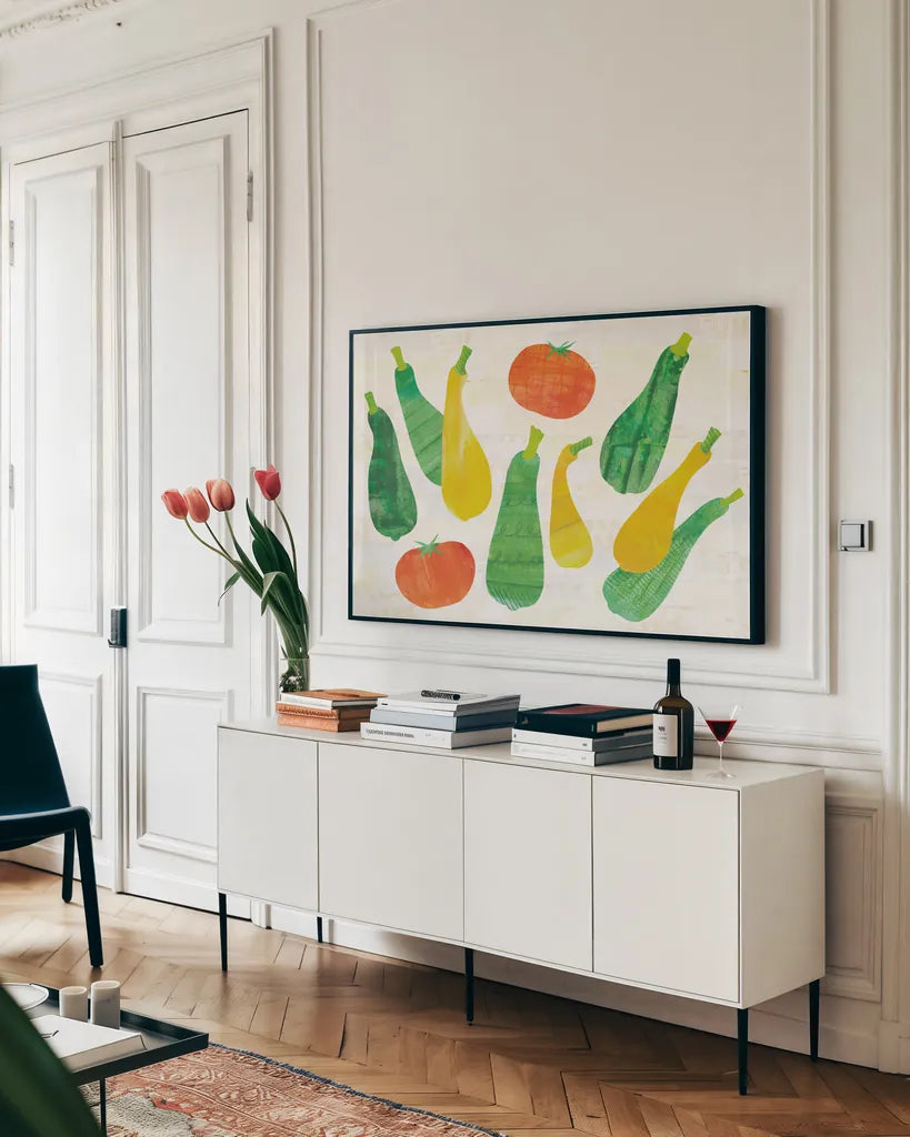 Kitchen Garden VII Cream by Melissa Averinos. shown as a framed stretched canvas in a living room above a console. Available as a archival giclee rolled canvas, fine art paper, or poster print. SKU 35528i.