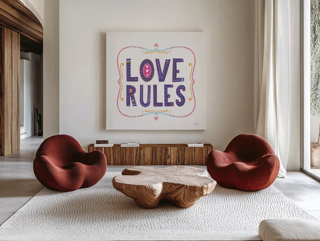 Love Rules by Melissa Averinos. Shown as extra-large giant wall art in a modern living room. Available as an archival giclee rolled canvas, fine art paper, or poster print. SKU 59982a.