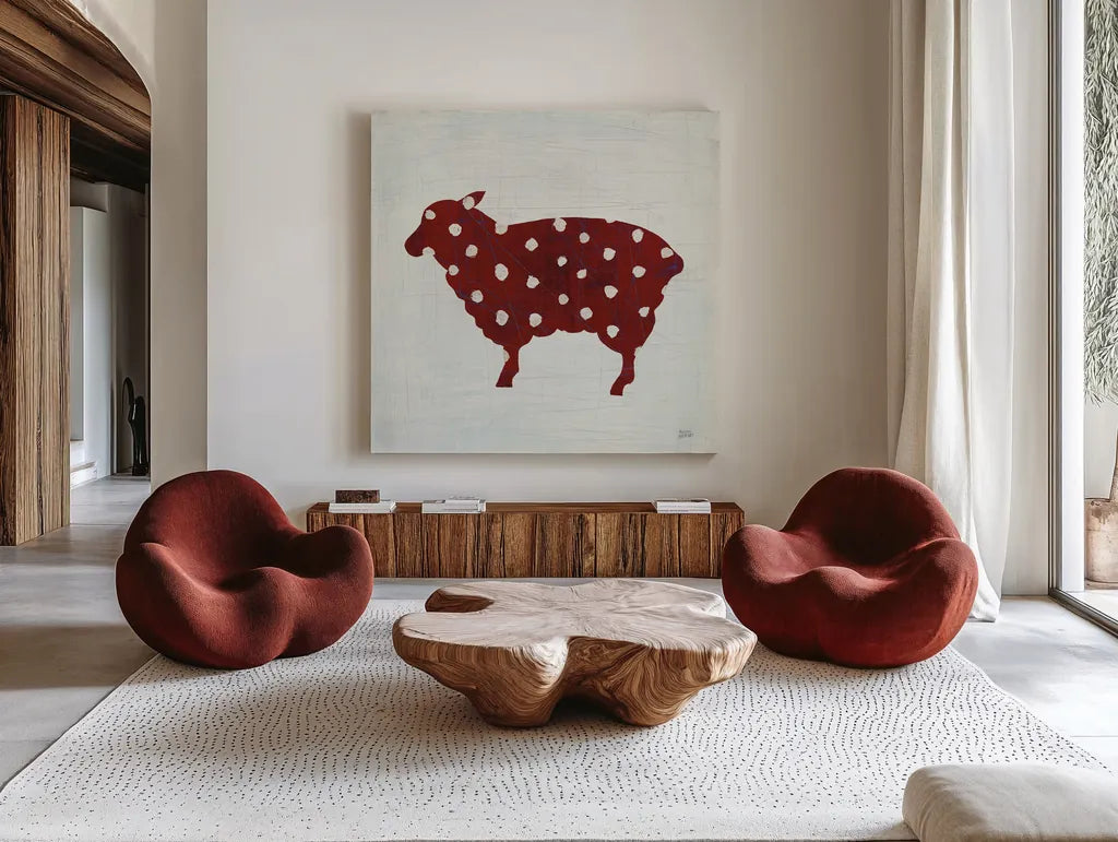 Modern Americana Farm II on White by Melissa Averinos. Shown as extra-large giant wall art in a modern living room. Available as an archival giclee rolled canvas, fine art paper, or poster print. SKU 25271a.