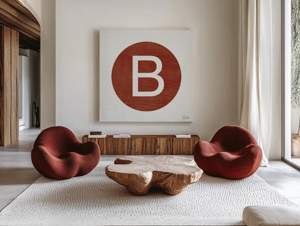 Retro Subway Symbol V by Melissa Averinos. Shown as extra-large giant wall art in a modern living room. Available as an archival giclee rolled canvas, fine art paper, or poster print. SKU 59447a.