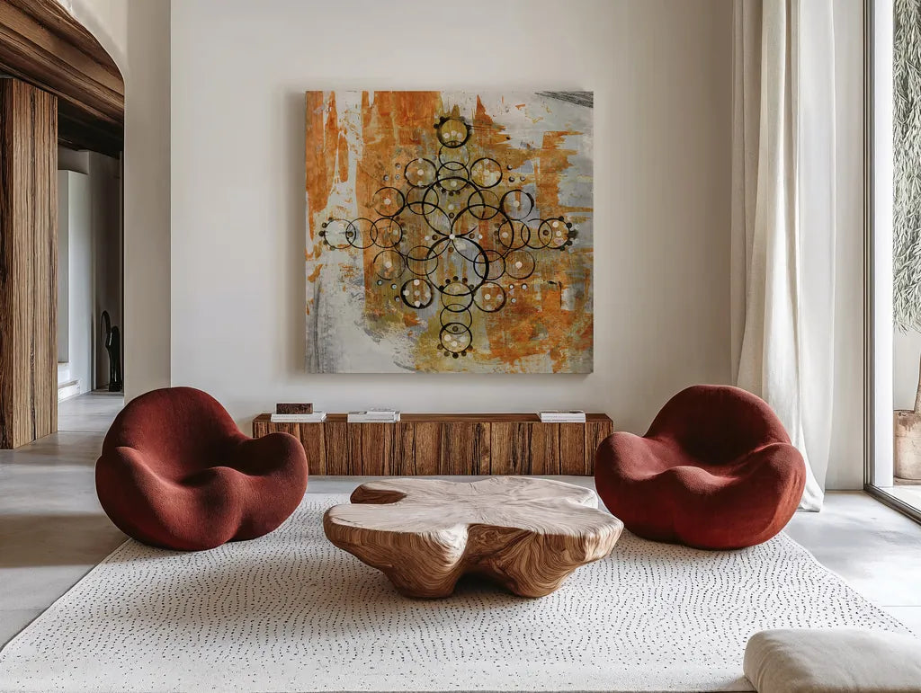 Saffron Mandala II Crop by Melissa Averinos. Shown as extra-large giant wall art in a modern living room. Available as an archival giclee rolled canvas, fine art paper, or poster print. SKU 29694a.