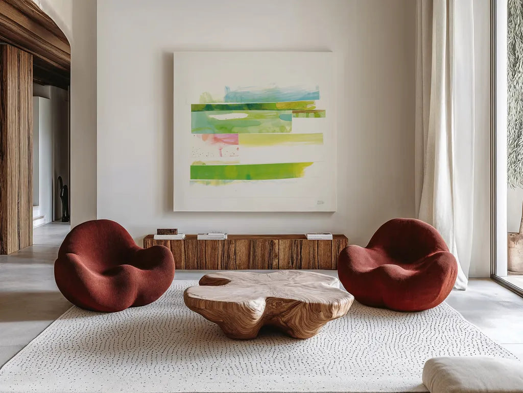 Stacks III by Melissa Averinos. Shown as extra-large giant wall art in a modern living room. Available as an archival giclee rolled canvas, fine art paper, or poster print. SKU 36903a.
