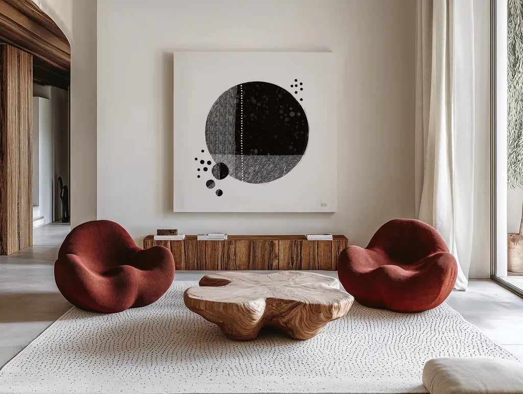 Tribeca I by Melissa Averinos. Shown as extra-large giant wall art in a modern living room. Available as an archival giclee rolled canvas, fine art paper, or poster print. SKU 64355a.