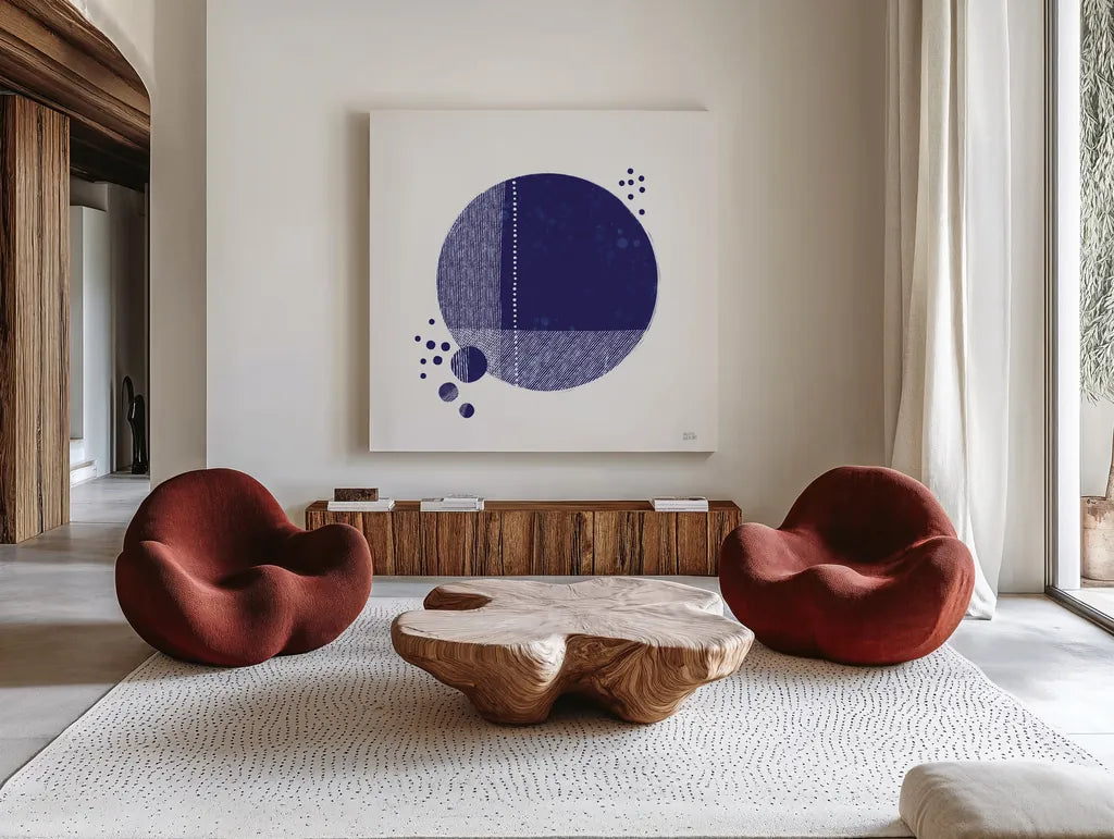 Tribeca I Indigo by Melissa Averinos. Shown as extra-large giant wall art in a modern living room. Available as an archival giclee rolled canvas, fine art paper, or poster print. SKU 80571a.